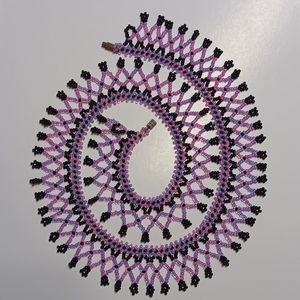 Handmade Native American Seed Bead Collar Necklace Purple and Black